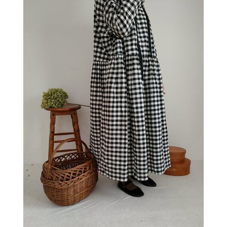 【Gingham check】modernist switching gather Onepiece コットンワンピース Aライン ギャザーワンピース ガーゼ gauze#
