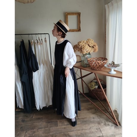 【Dark Black 】フレンチリネンサイドリボンエプロンワンピース フレンチリネンワンピース FrenchLinen Apron onepiece