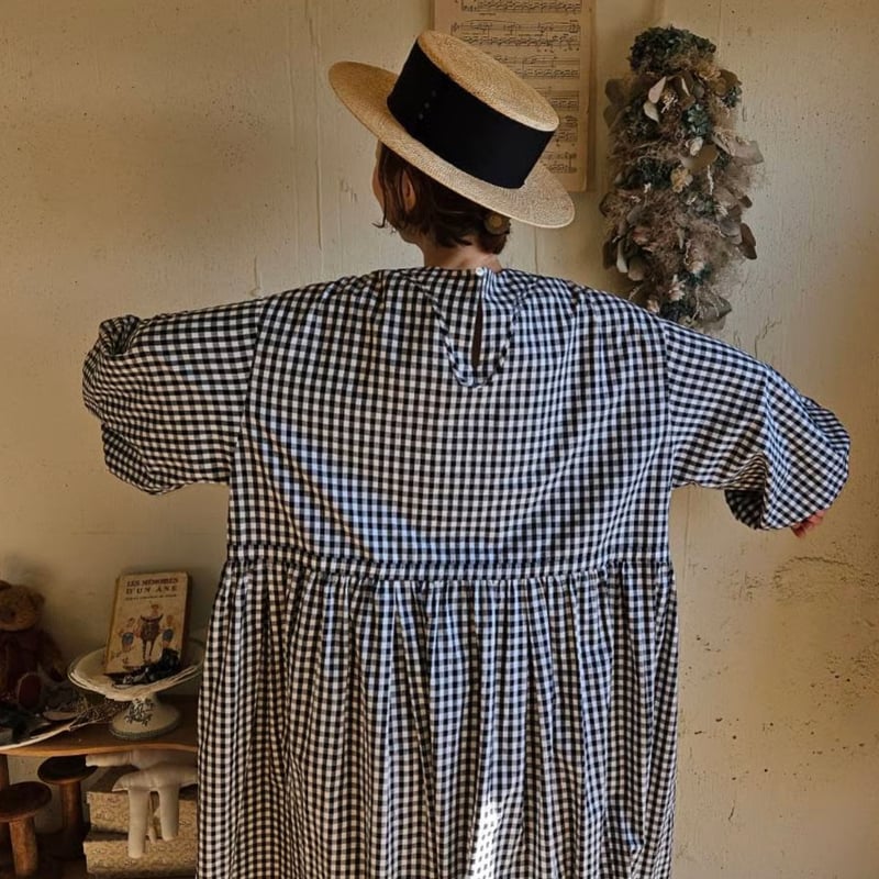 即納】ギンガムエミリーワンピース 《黒×白》 gingham emilyone-piece