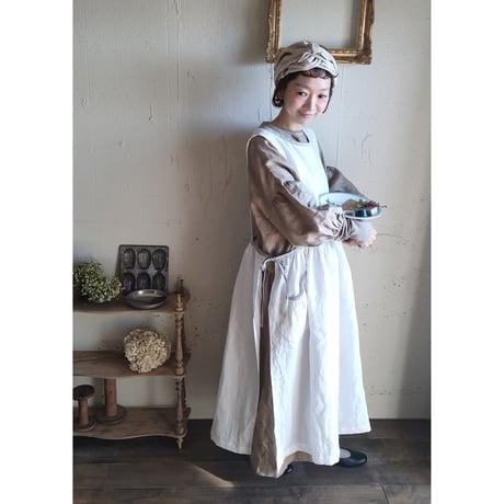 〈SET販売〉Piping Linen apron onepiece ＆Antique wash Linen cafe Tavern