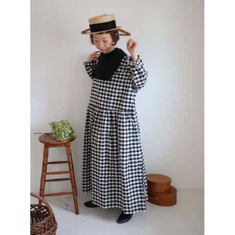 【Gingham check】modernist switching gather Onepiece コットンワンピース Aライン ギャザーワンピース ガーゼ gauze#
