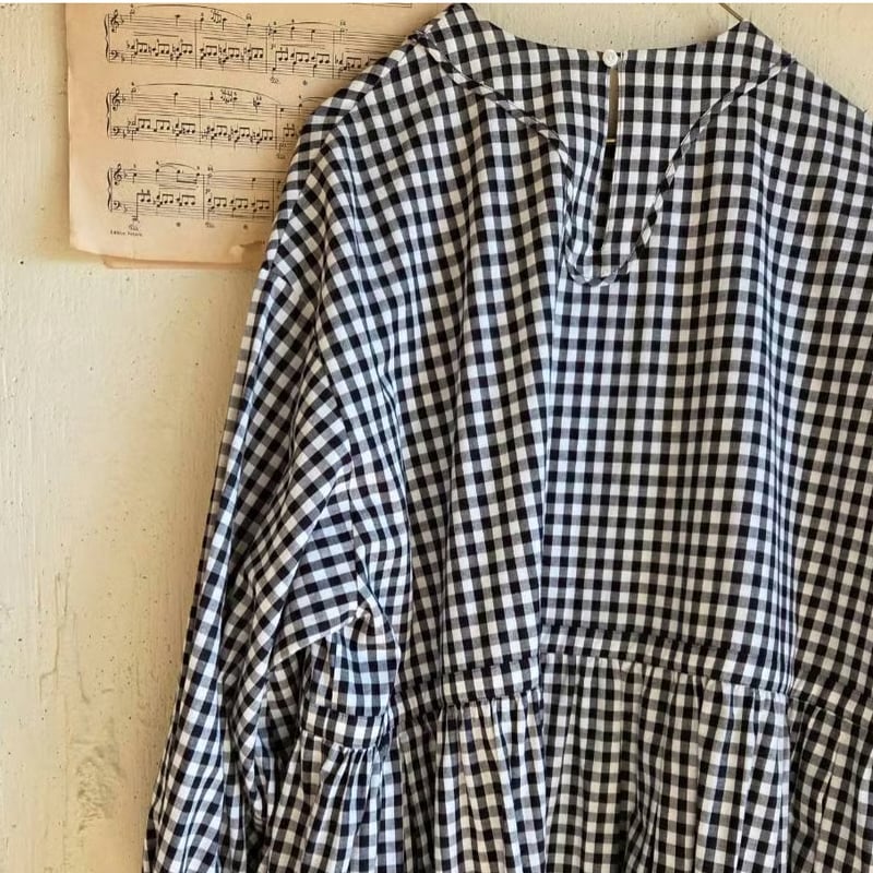 即納】ギンガムエミリーワンピース 《黒×白》 gingham emilyone-piece