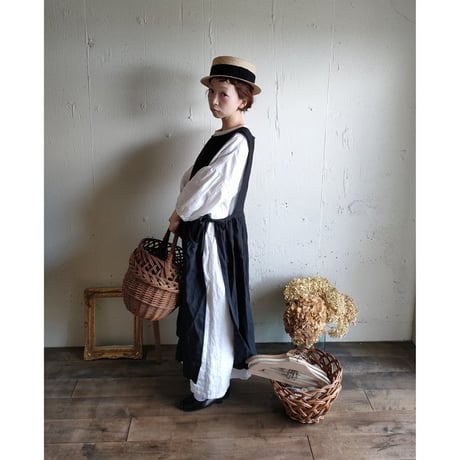 【Dark Black 】フレンチリネンサイドリボンエプロンワンピース フレンチリネンワンピース FrenchLinen Apron onepiece