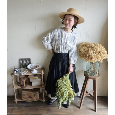 【Dark Black】2way サスペンダーギャザータブリエ French Linen Gather tablier