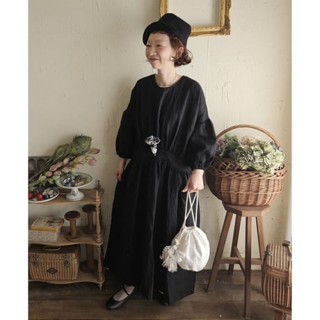 【Dark Black】フレンチリネンギャザーワンピース リネンワンピース ナチュラルワンピース フレンチリネン