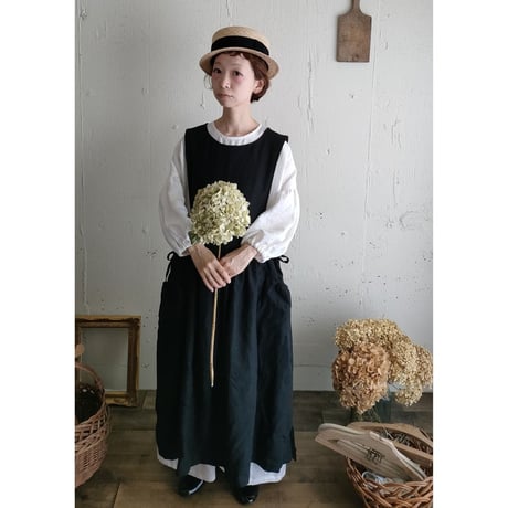 【Dark Black 】フレンチリネンサイドリボンエプロンワンピース フレンチリネンワンピース FrenchLinen Apron onepiece