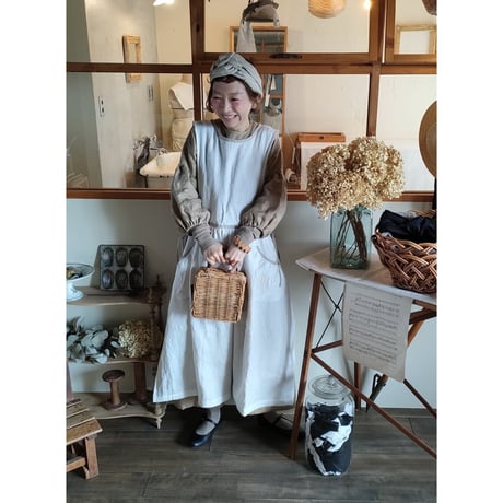 〈SET販売〉Piping Linen apron onepiece ＆Antique wash Linen cafe Tavern