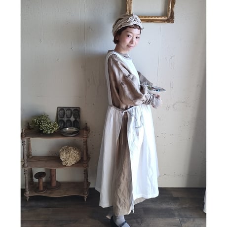 〈SET販売〉Piping Linen apron onepiece ＆Antique wash Linen cafe Tavern