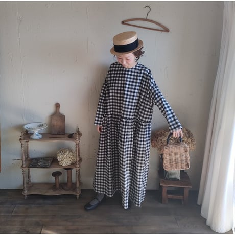【Gingham check】modernist switching gather Onepiece コットンワンピース Aライン ギャザーワンピース ガーゼ gauze#