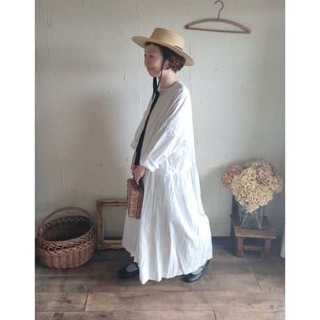 【Mat White】modernist switching gather Onepiece コットンワンピース Aライン ギャザーワンピース ガーゼ gauze#