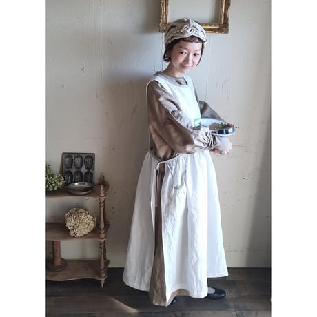 〈SET販売〉Piping Linen apron onepiece ＆Antique wash Linen cafe Tavern