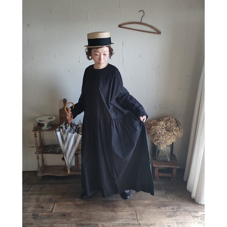 【Mat Black】modernist switching gather Onepiece コットンワンピース Aライン ギャザーワンピース ガーゼ gauze#