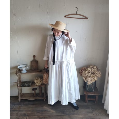 【Mat White】modernist switching gather Onepiece コットンワンピース Aライン ギャザーワンピース ガーゼ gauze#
