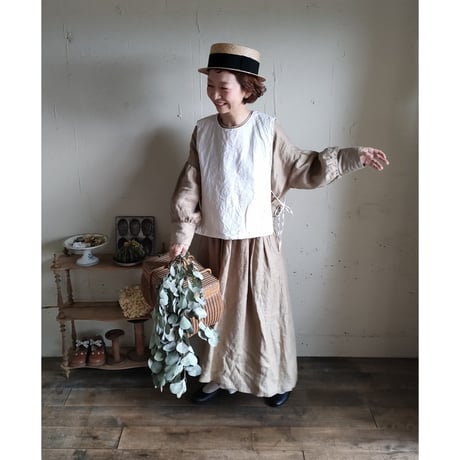 【Ecru White】くるみボタンのコットンリネン 2wayジレベスト COTTON LINEN 2way Gilet 前後着ベスト リネンベスト ジレ