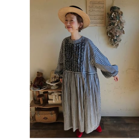 【即納】ギンガムエミリーワンピース　《黒×白》　gingham emilyone-piece　black×white