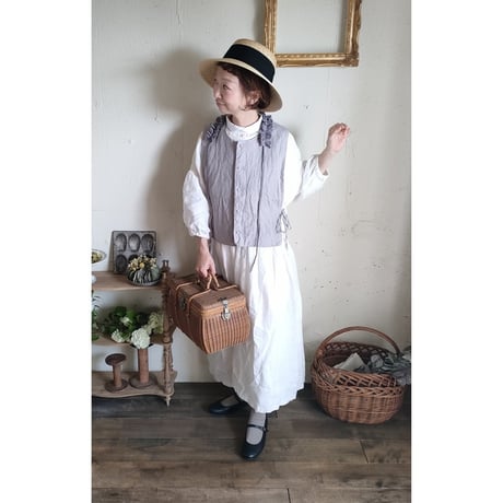 【Natural Gray】くるみボタンのコットンリネン 2wayジレベスト COTTON LINEN 2way Gilet 前後着ベスト リネンベスト ジレ