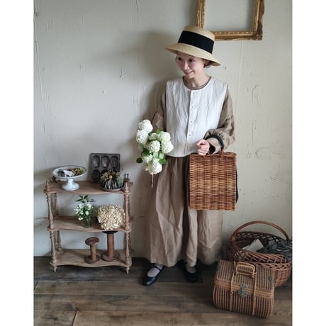【Ecru White】くるみボタンのコットンリネン 2wayジレベスト COTTON LINEN 2way Gilet 前後着ベスト リネンベスト ジレ