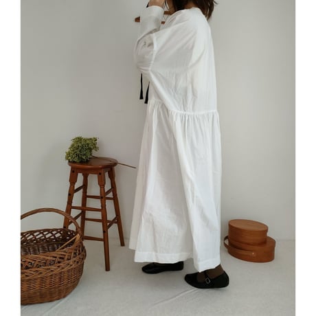 【Mat White】modernist switching gather Onepiece コットンワンピース Aライン ギャザーワンピース ガーゼ gauze#