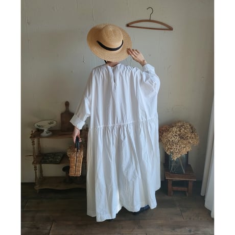 【Mat White】modernist switching gather Onepiece コットンワンピース Aライン ギャザーワンピース ガーゼ gauze#
