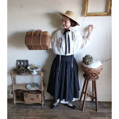 【Dark Black】2way サスペンダーギャザータブリエ French Linen Gather tablier