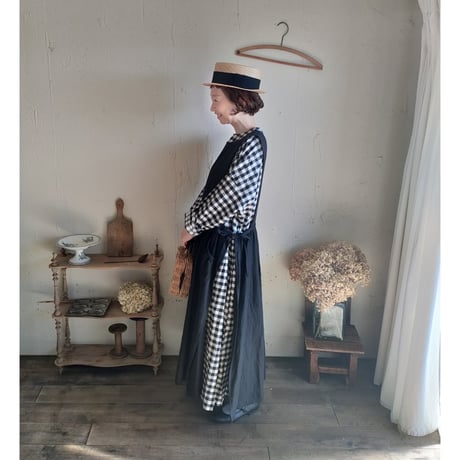 【Gingham check】modernist switching gather Onepiece コットンワンピース Aライン ギャザーワンピース ガーゼ gauze#