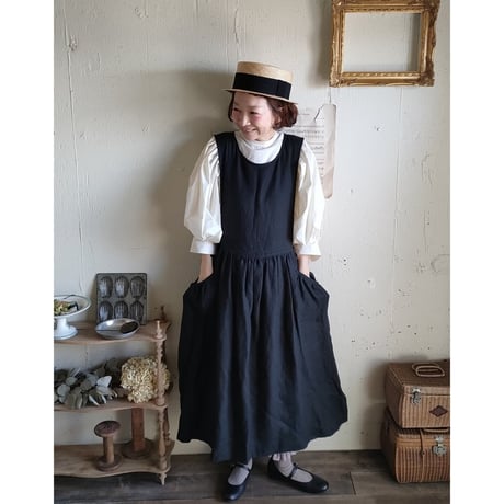 【Dark Black 】フレンチリネンサイドリボンエプロンワンピース フレンチリネンワンピース FrenchLinen Apron onepiece