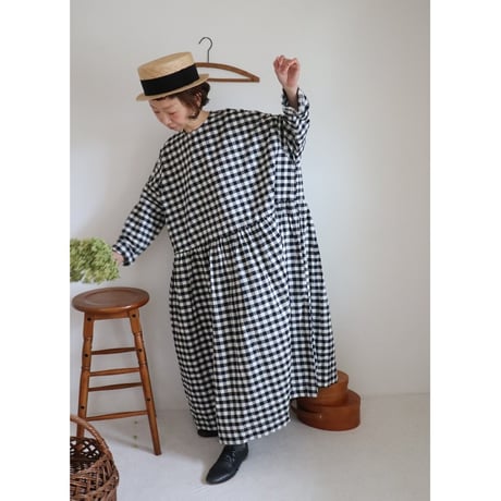 【Gingham check】modernist switching gather Onepiece コットンワンピース Aライン ギャザーワンピース ガーゼ gauze#