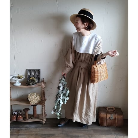 【caramel Beige】French Linen Ayaori Gather onepiece アヤオリギャザーワンピース フレンチリネンギャザーワンピース リネンワンピース