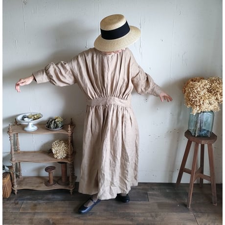【caramel Beige】French Linen Ayaori Gather onepiece アヤオリギャザーワンピース フレンチリネンギャザーワンピース リネンワンピース