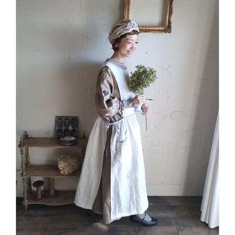 〈SET販売〉Piping Linen apron onepiece ＆Antique wash Linen cafe Tavern