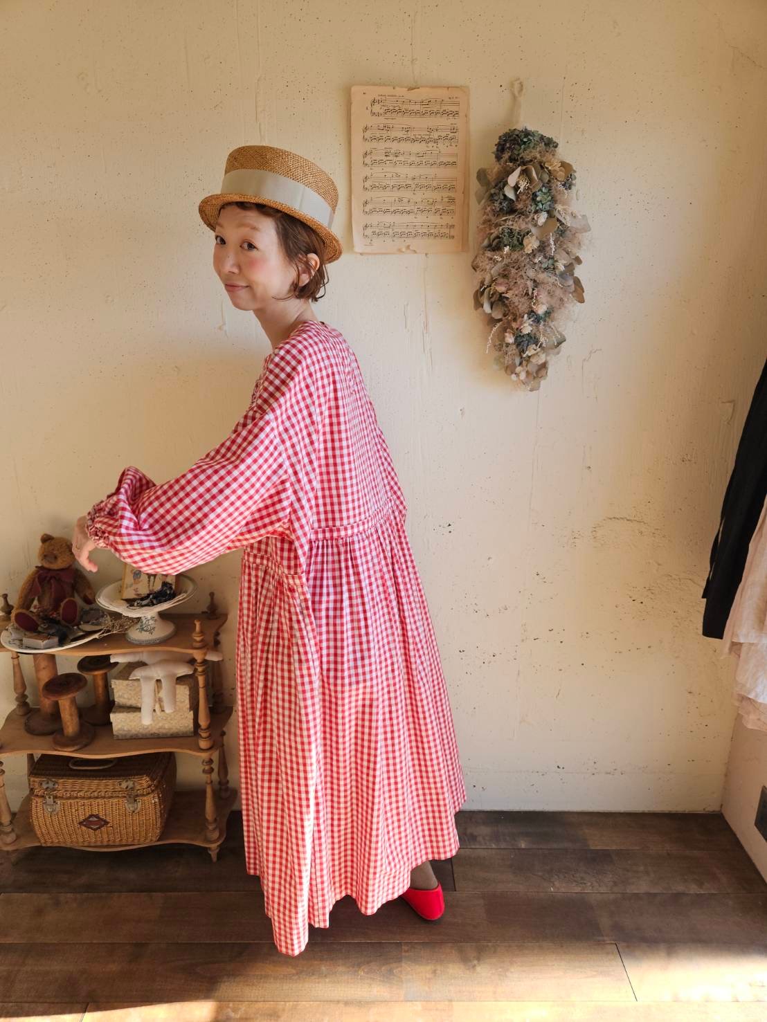 即納】ギンガムエミリーワンピース 《赤×白》 gingham emily one-piece