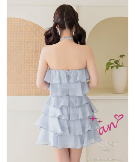 リボンチョーカー付き/シフォン/ティアード/フリル/メロウ/バストジップ/フレア/Aライン/ベアトップ/ミニドレス/キャバドレス【Andy アンディ/an アン】[AOC-4087]