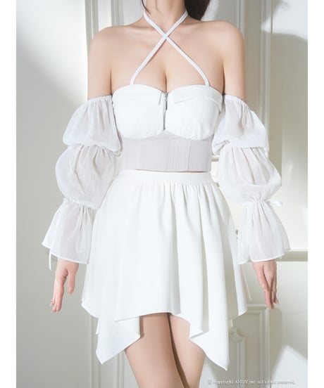 リボンストラップ付き/チュールスリーブ/長袖/ベアトップ/4way/ヘムスカート/バストジップ/フレア/セットアップ/ミニドレス/キャバドレス【Andy アンディ/an アン】[AOC-4076]