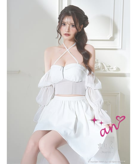 リボンストラップ付き/チュールスリーブ/長袖/ベアトップ/4way/ヘムスカート/バストジップ/フレア/セットアップ/ミニドレス/キャバドレス【Andy アンディ/an アン】[AOC-4076]