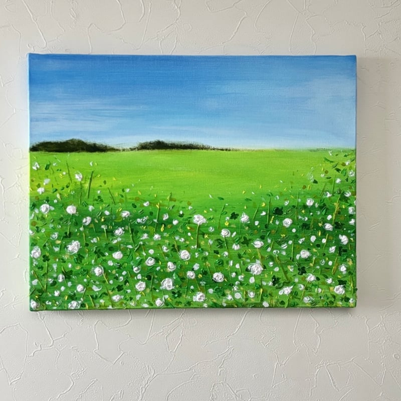 原画 現品 テクスチャーアート風景画⭐︎シロツメグサの野原 | vie.fleur