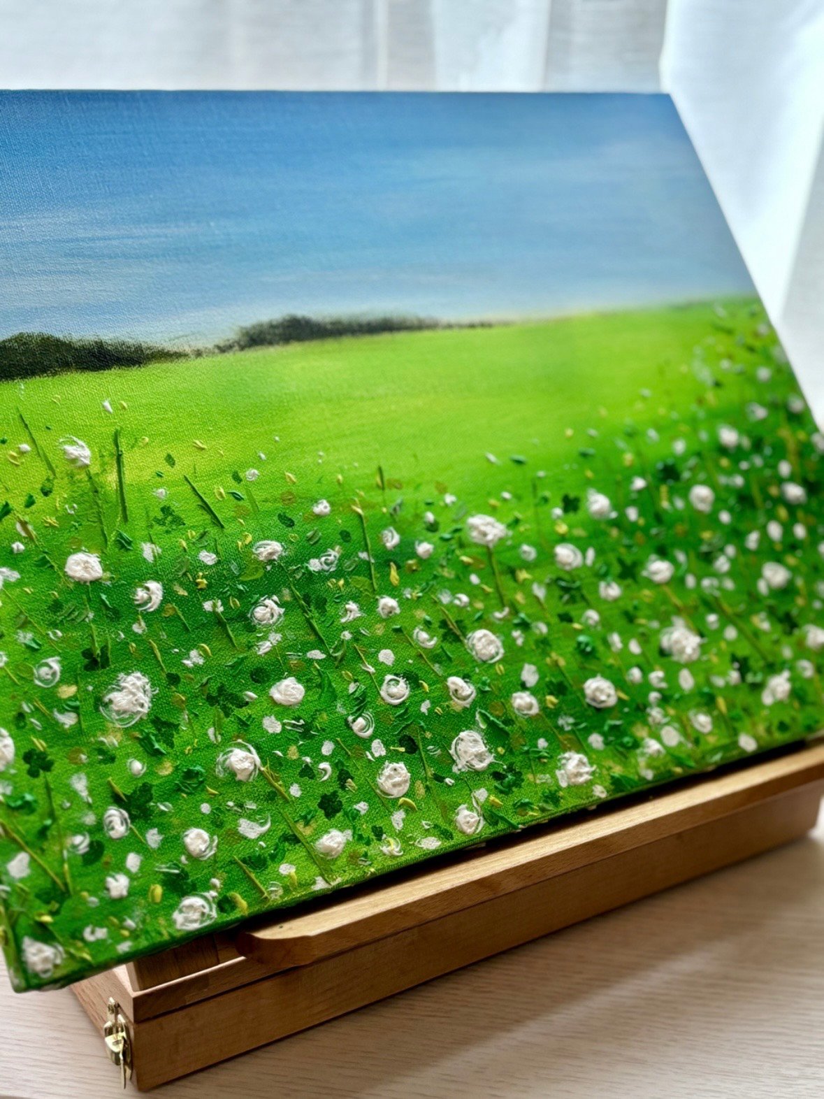 原画 現品 テクスチャーアート風景画⭐︎シロツメグサの野原 | vie.fleur