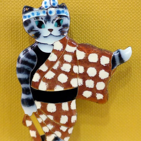 七宝焼ブローチ｜歌舞伎猫 団七役｜世良恵子作｜和風アクセサリー