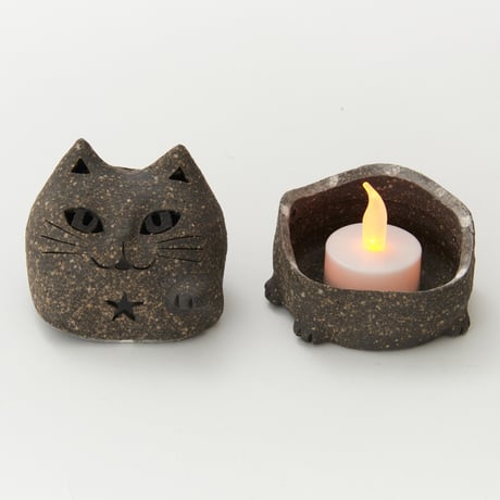 泰木窯｜黒陶のまねき猫香炉（透かし彫り・LEDライト対応）Maneki-neko Incense Burner