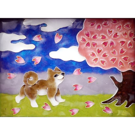 七宝焼 柴犬と桜 ミニ額｜Handmade Cloisonné Mini Frame・世良恵子 作品