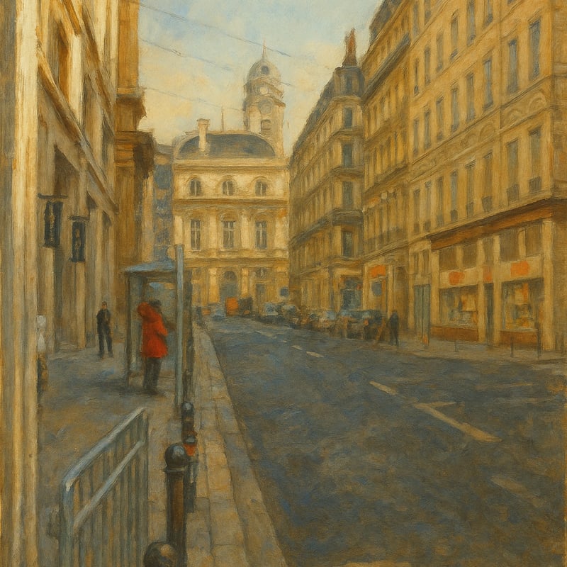旧市街のバス停と石畳の通り（水彩画）Bus Stop and Cobblestone Stre