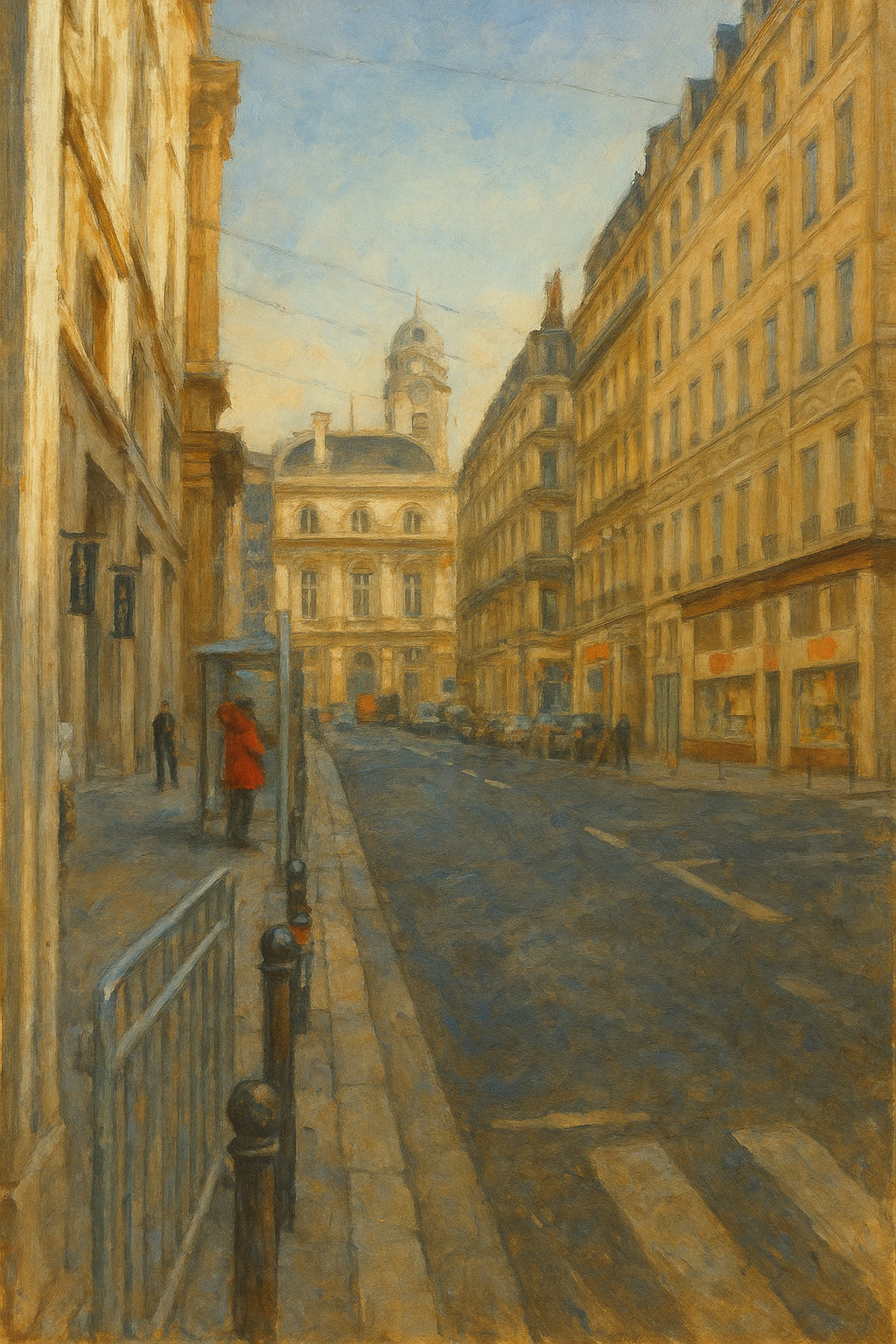 旧市街のバス停と石畳の通り（水彩画）Bus Stop and Cobblestone Stre