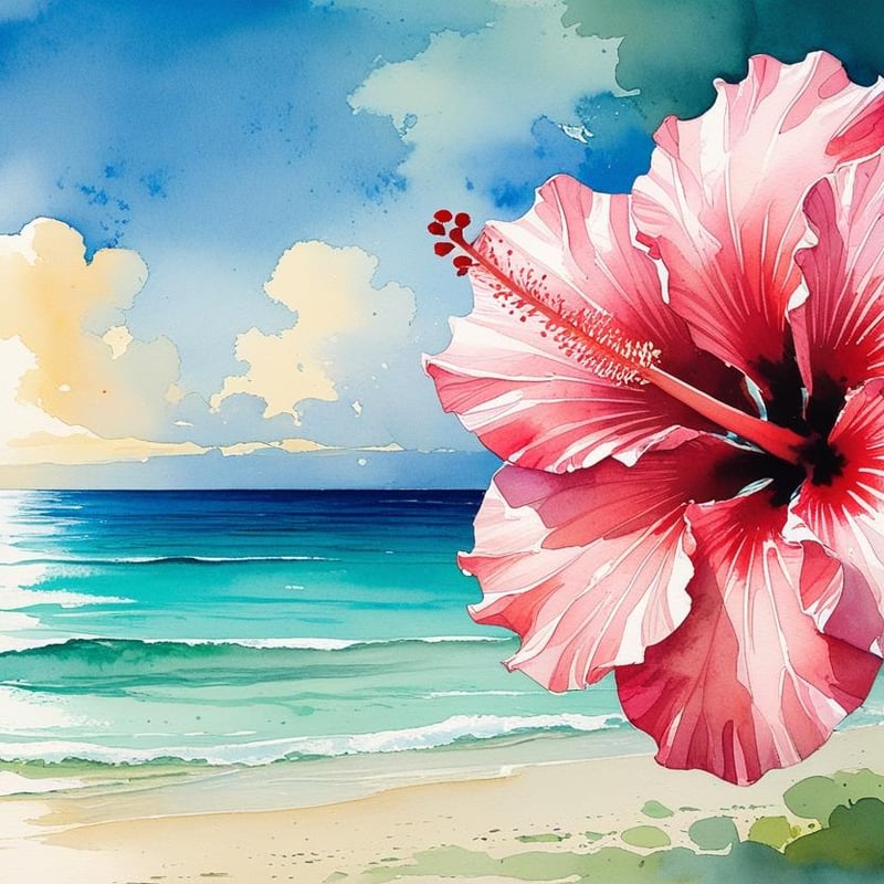 水彩画風、ハイビスカス（デジタルアート） | Happy Art Shop