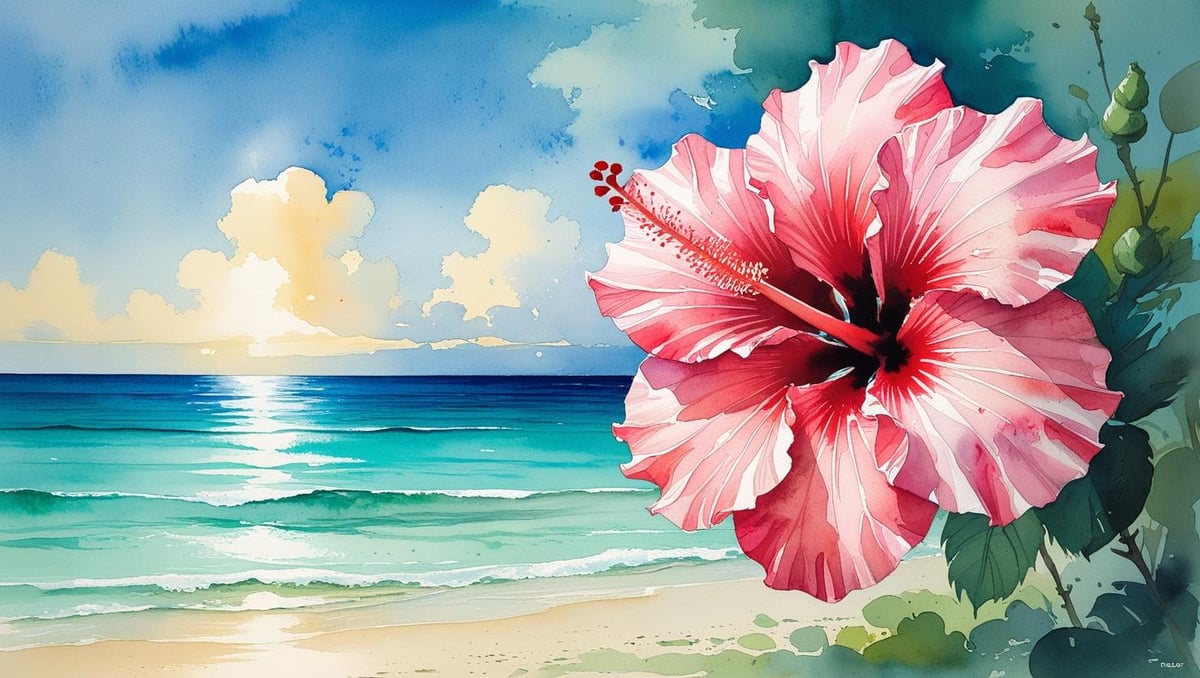 水彩画風、ハイビスカス（デジタルアート） | Happy Art Shop