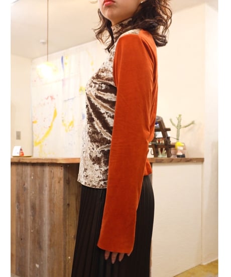Mixed Fabric Stand Collar Top