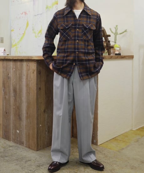70’s 『Pendleton』 茶色チェック 開襟 ウールシャツ / size S