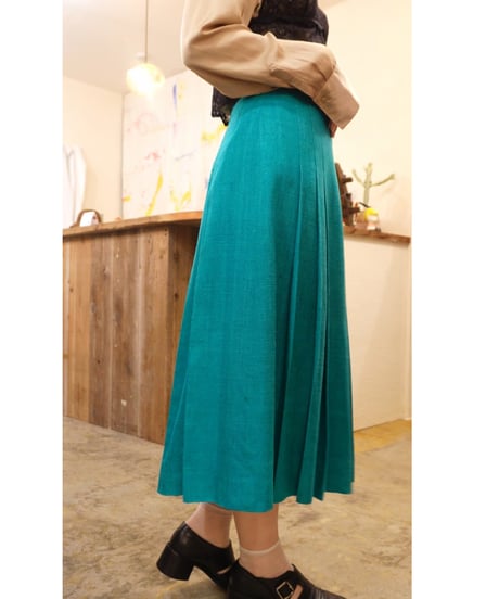 80s Turquoise Pleated Long Skirt