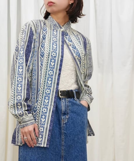 90s Stand collar retro all-over print shirt