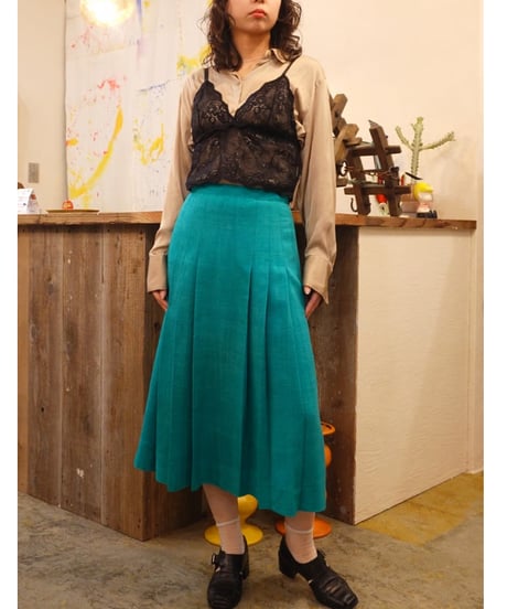 80s Turquoise Pleated Long Skirt