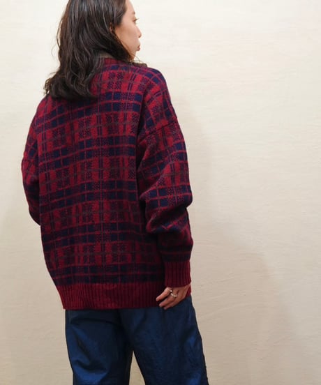 70s-80s Cherry Red Checkered Nordic Cardigan