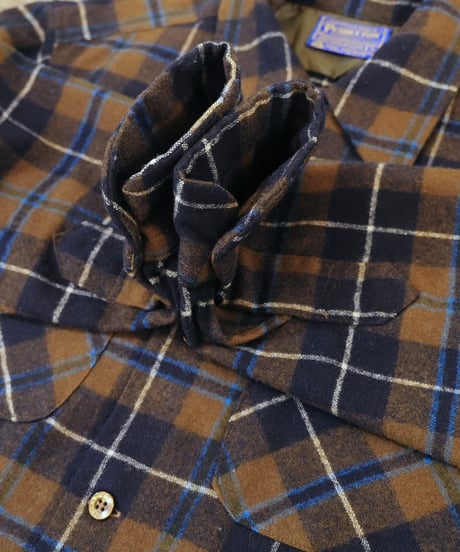 70’s 『Pendleton』 茶色チェック 開襟 ウールシャツ / size S